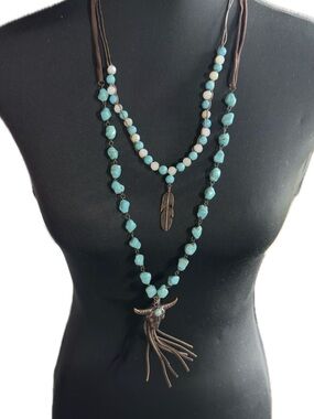 Turquoise Beaded Layered Necklace with Feather & Tassel